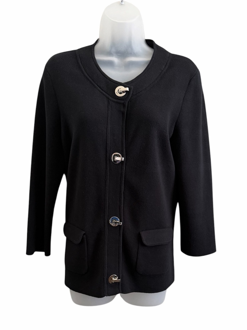 Vintage Jones New York Black Collarless Jacket with Silver Toggle Clasps